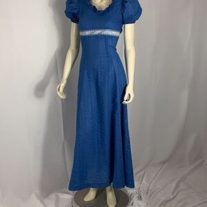 Vintage Blue Regency Handmade Puff Sleeve Empire Waist Maxi Dress Size XS